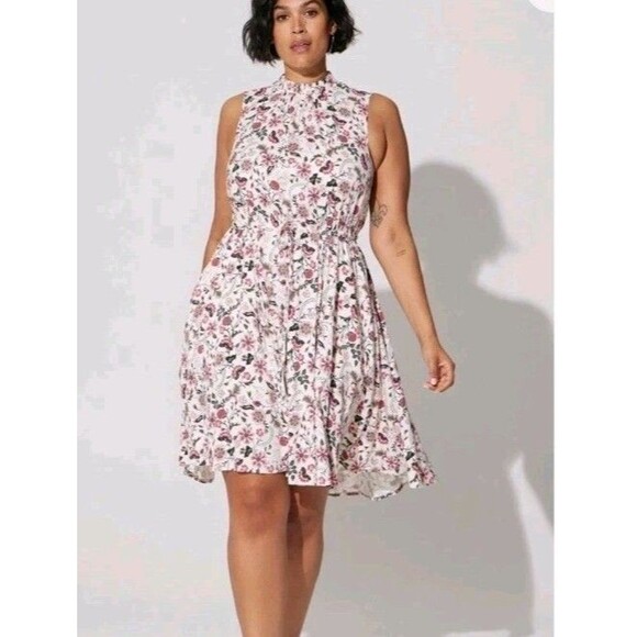 Torrid Midi Dress 3 3X Sleeveless Waist Tie Elastic Neck Pink White Floral - Picture 1 of 11